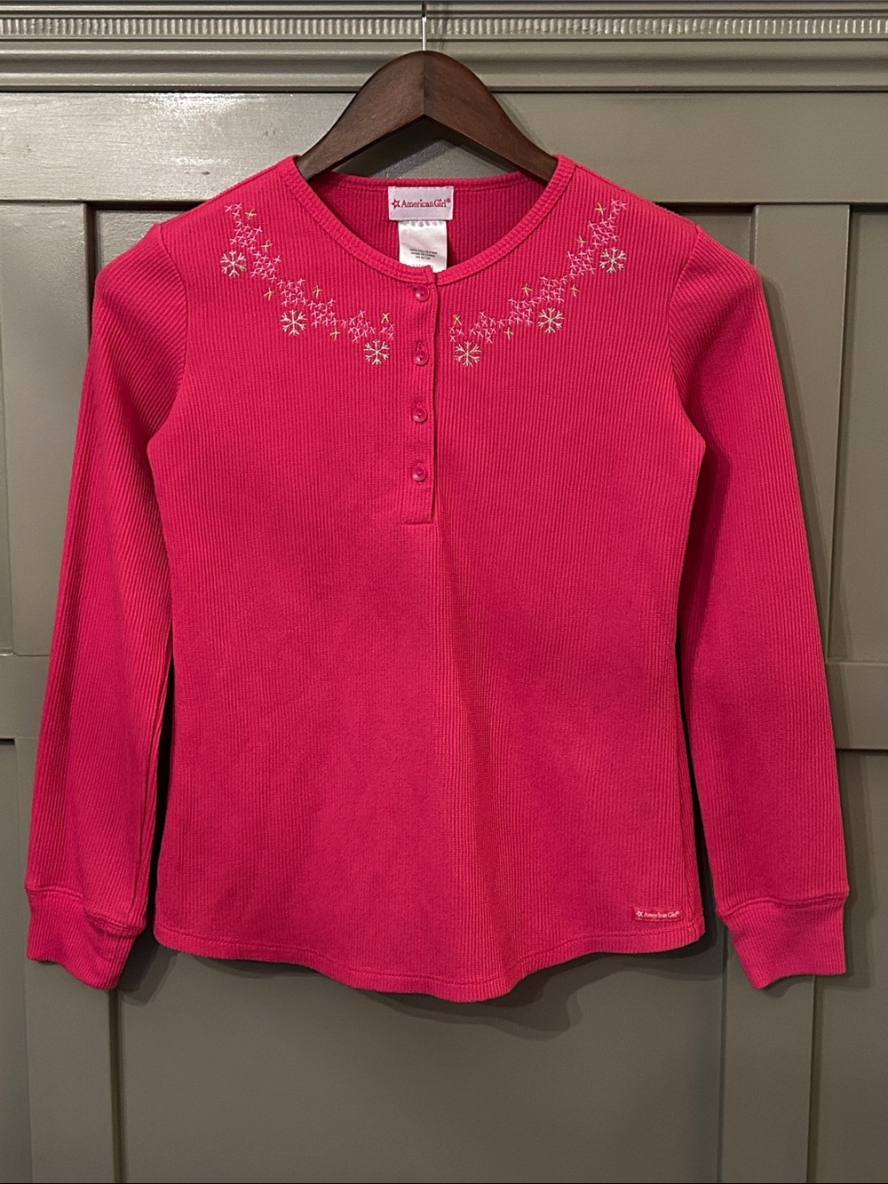 American Girl Thermal Waffle Knit Henley Fair Isle Snowflake Pink Size Large